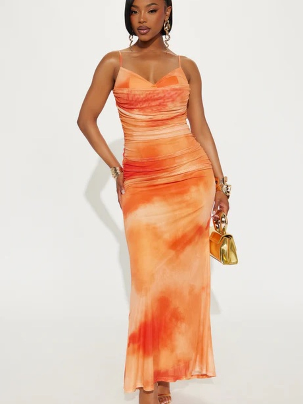 Fashion Nova Orange Tie-Dye Slip Maxi Dress